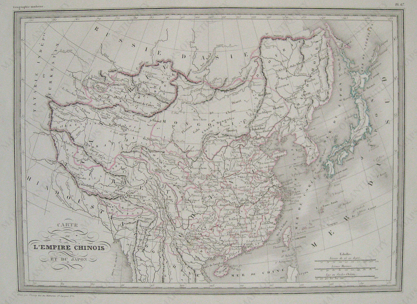 Antique-Hand-Colored-Map-Carte-de-l'Empire-Chinois-et-du-Japon.-Asia--1842-Malte-Brun-Maps-Of-Antiquity