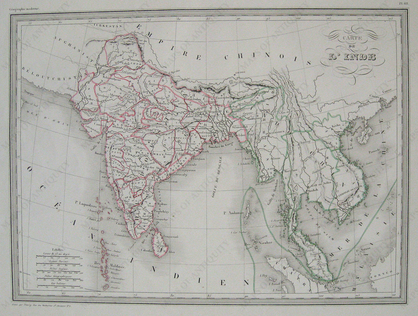 Antique-Hand-Colored-Map-Carte-de-l'Inde-comprenant-l'Hindoustan-et-de-l'Indo-Chine.-Asia--1842-Malte-Brun-Maps-Of-Antiquity