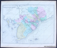 Antique map of the southern tip of Vietnam in original hand-coloring of pink, yellow, green, blue by area