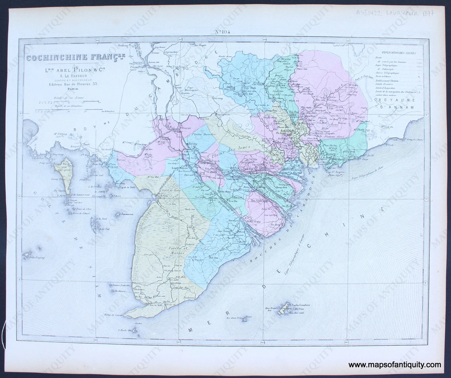 Antique-Hand-Colored-Map-Cochinchine-Francaise-(Vietnam)-1877-Levasseur-Vietnam-1800s-19th-century-Maps-of-Antiquity