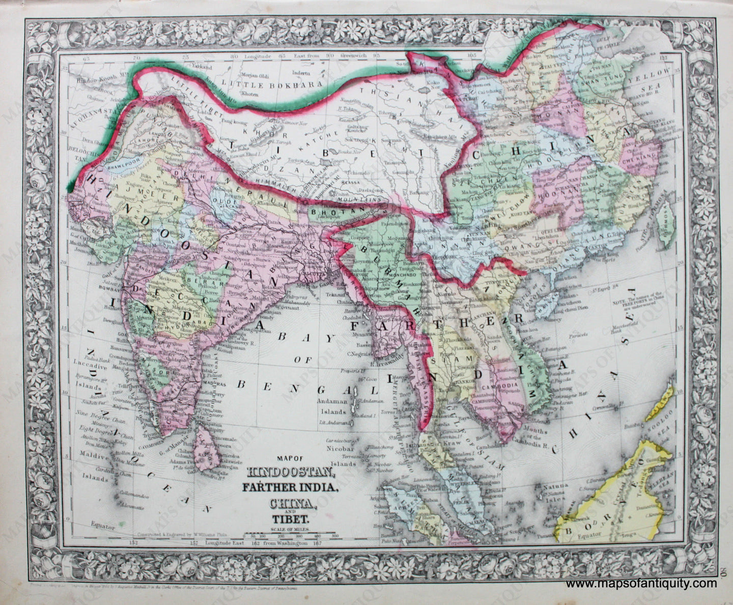 Antique-Hand-Colored-Map-Map-of-Hindoostan-Farther-India-China-and-Tibet.--Asia-India-1864-Mitchell-Maps-Of-Antiquity