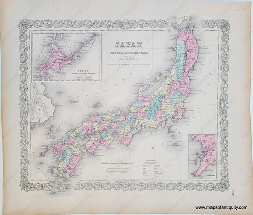 Antique-Hand-Colored-Map-Colton's-Japan-Nippon-Kiusiu-Sikok-Yesso--Asia-Japan-1856-Colton-Maps-Of-Antiquity