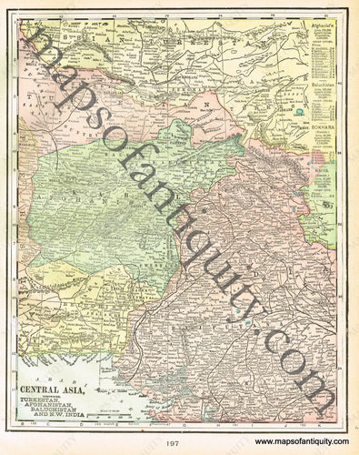 Antique-Printed-Color-Map-Central-Asia-comprising-Turkestan-Afghanistan-Baluchistan-and-N.W.-India-verso:-Persia-Asia--1900-Cram-Maps-Of-Antiquity