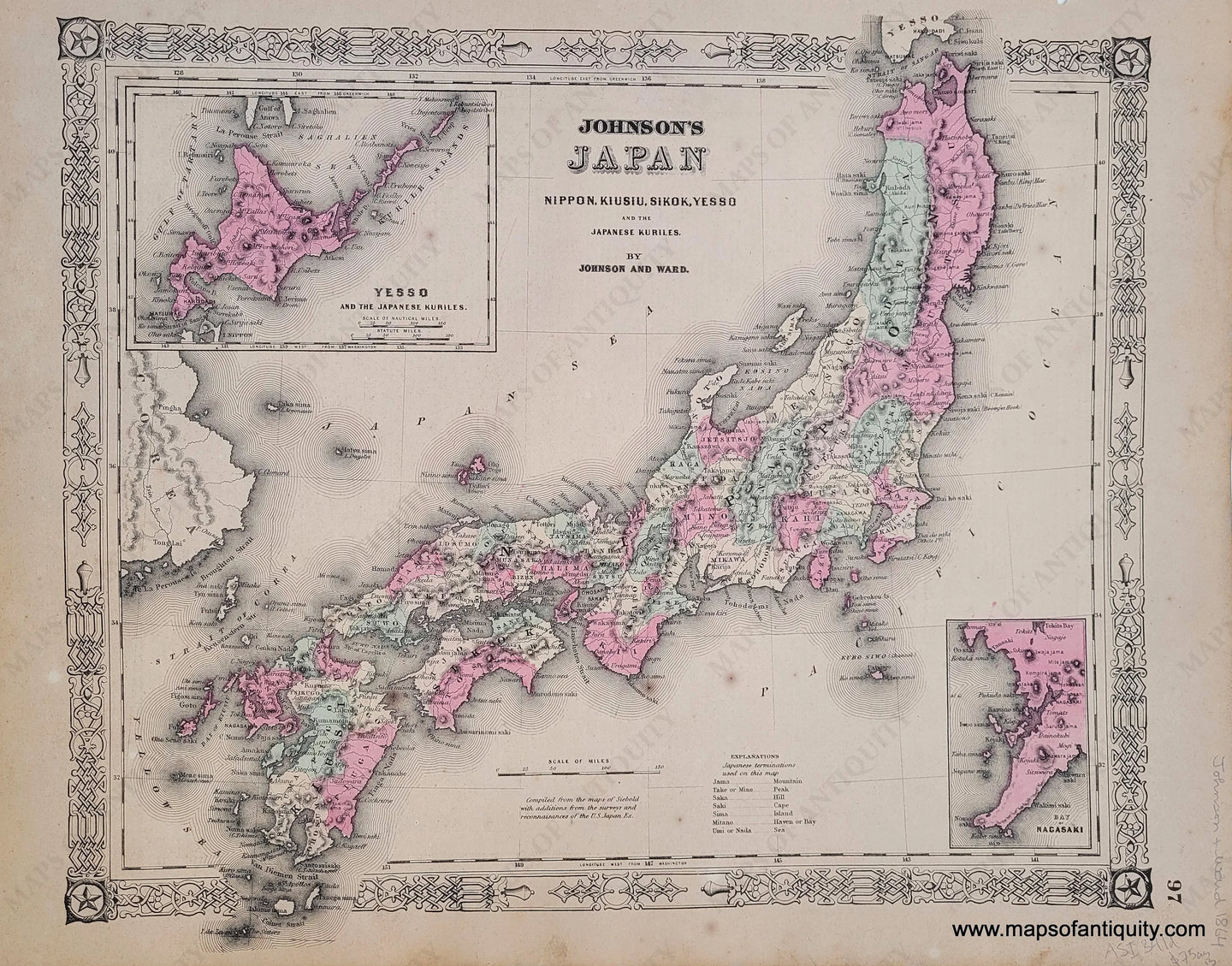 Antique map of Japan by Johnson and Ward, published in 1864, colored by region, with inset maps of yesso or Hokkaido and Nagasaki