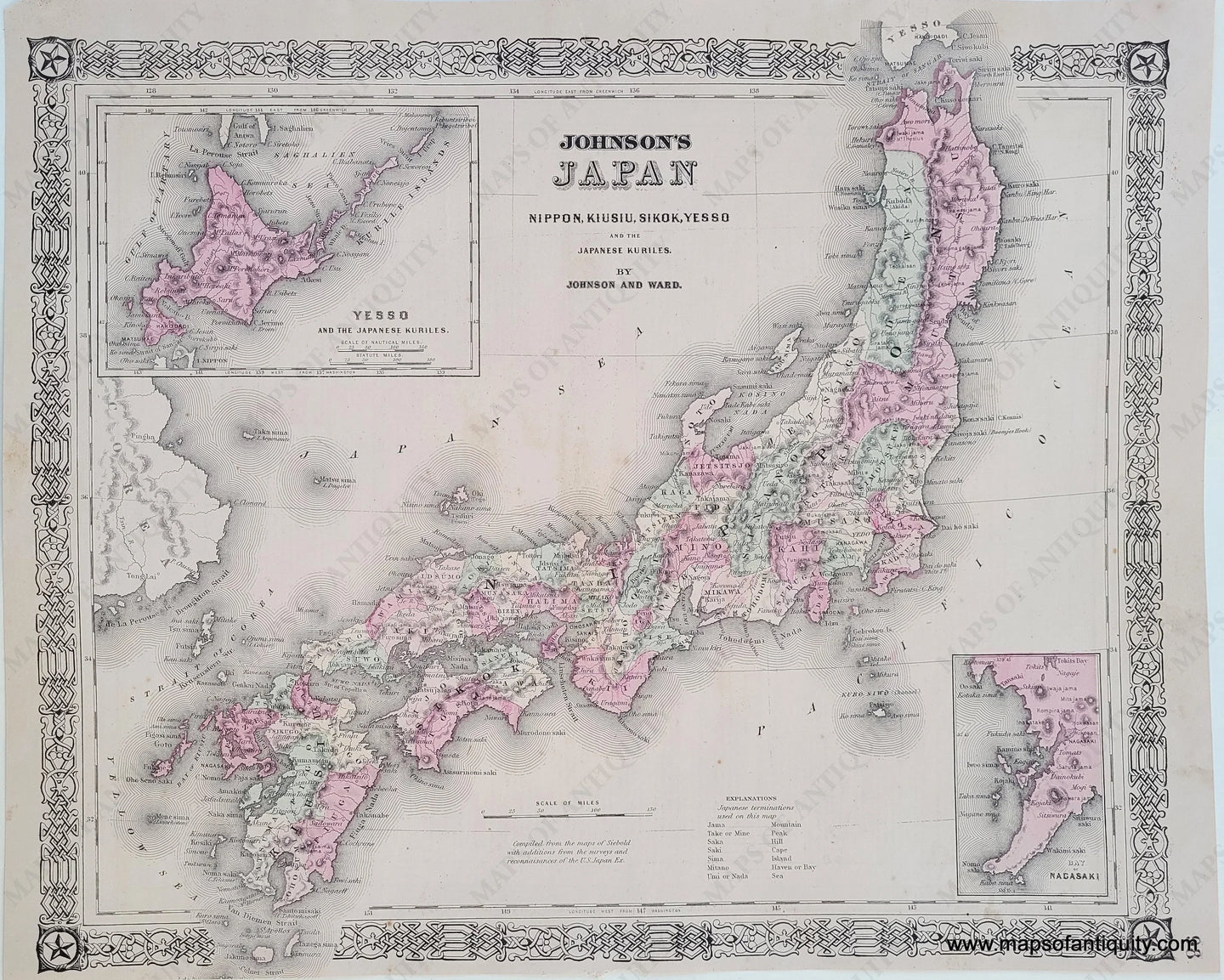 Antique map of Japan by Johnson and Ward, published in 1864, colored by region, with inset maps of yesso or Hokkaido and Nagasaki