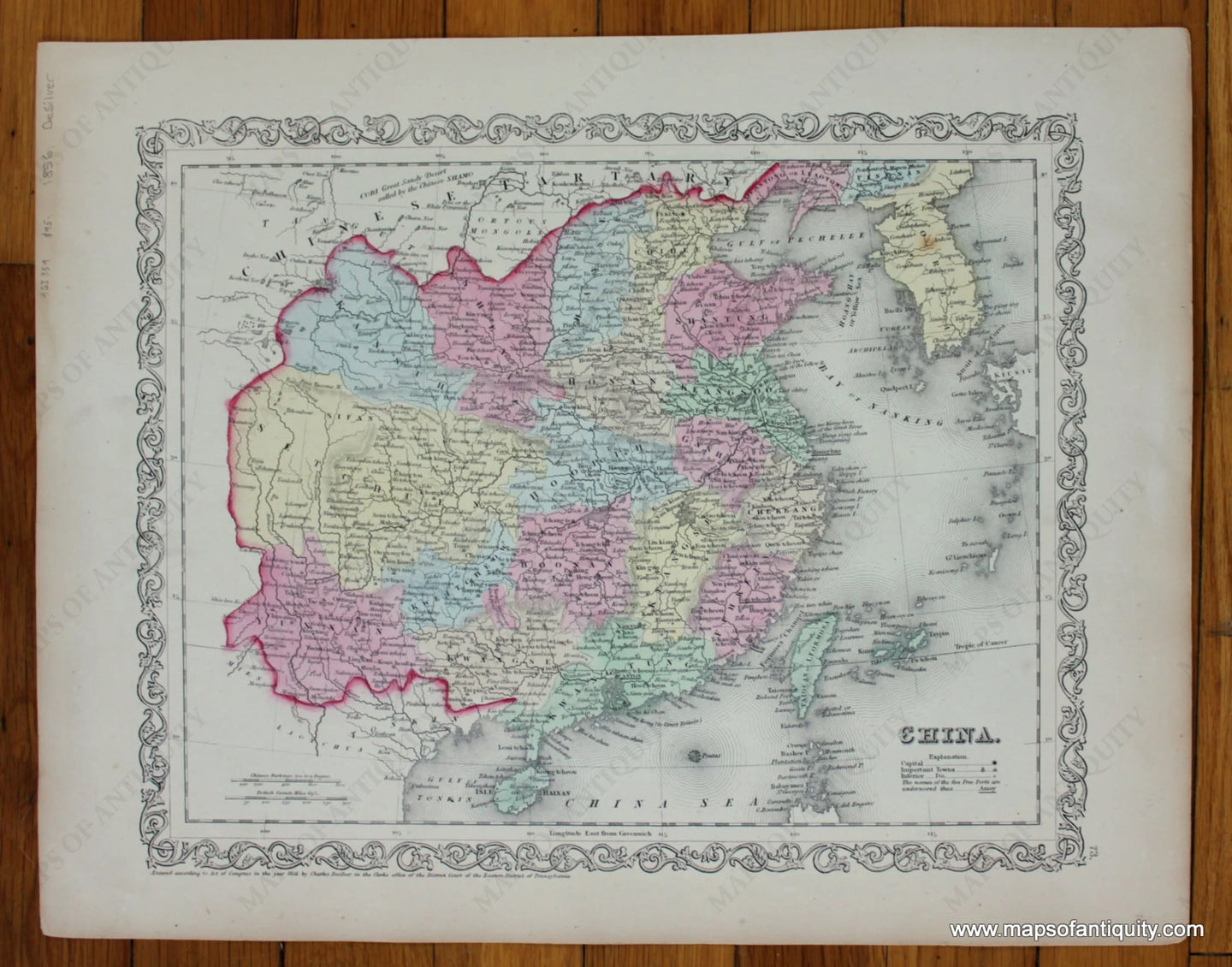 Antique-Hand-Colored-Map-China-Asia--1856-Desilver-Maps-Of-Antiquity