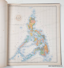 Load image into Gallery viewer, Antique map of the Philippines, part of the Atlas Filipinas published in 1900 with vibrant original printed color in blue for the water, yellow, green, orange, brown,red for the land.

