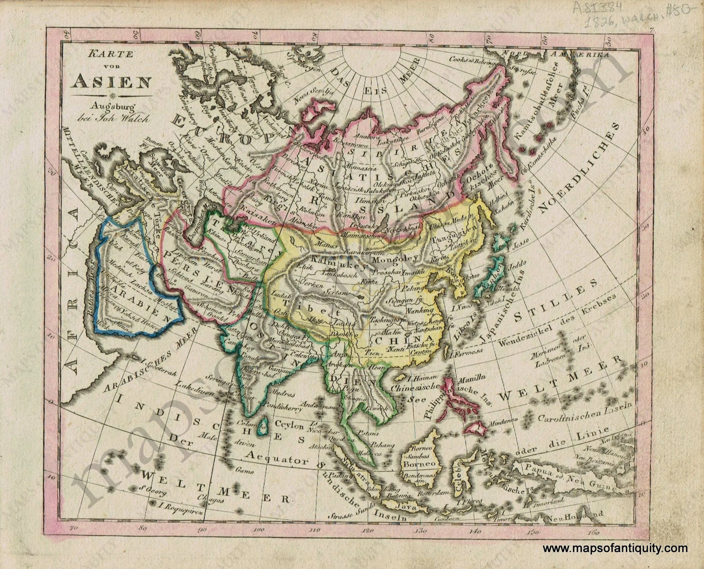 Antique-Map-Karte-von-Asien-Asia-Asian-Continent-German-Walch-Neuester-Schul-Atlass-1826-1820s-Early-19th-Century-Maps-of-Antiquity