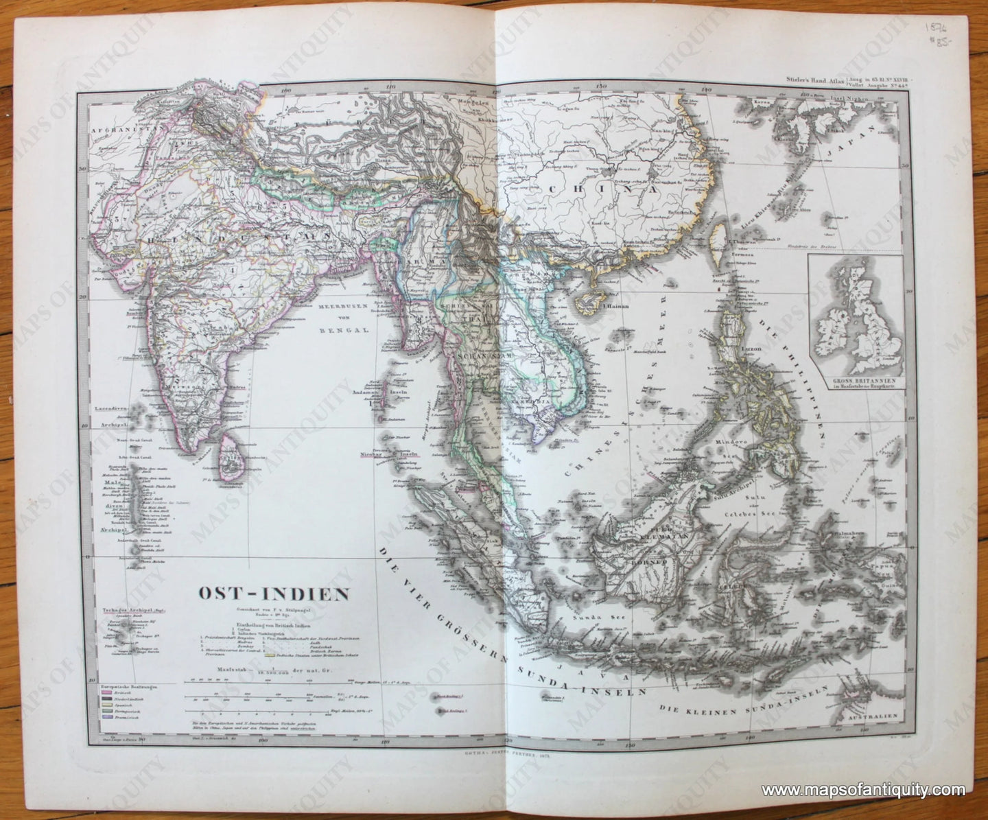 Antique-Map-India-China-Southeast-Asia-Ost-Indien-East-Indies-Stieler-1876-1870s-1800s-19th-century-Maps-of-Antiquity