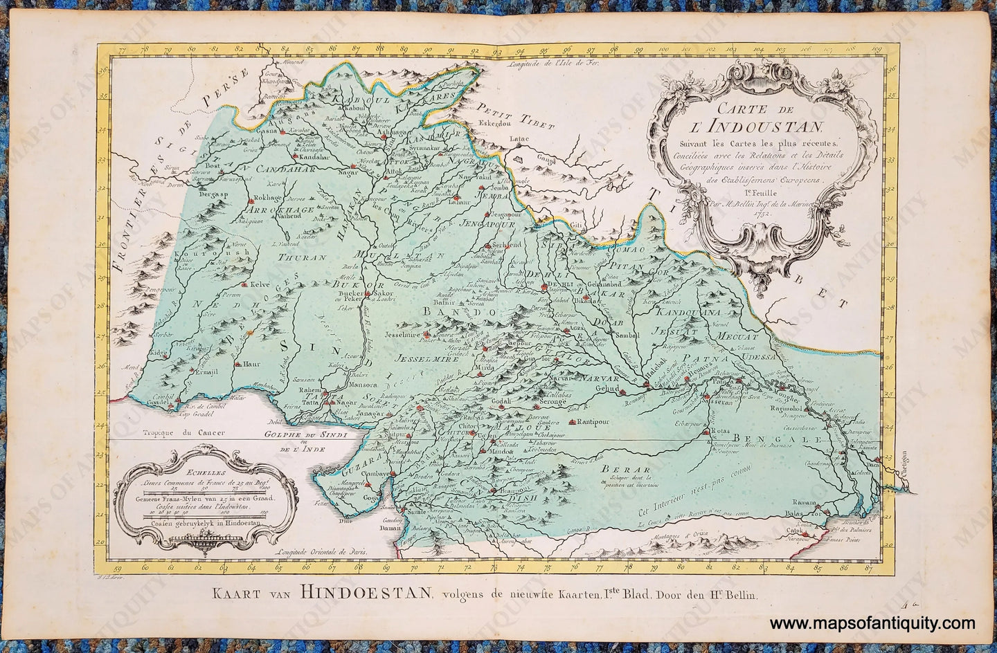 Map with original coloring, blue-green in land, red on cities and towns, yellow border. Antique-Early-Map-India-North-Northern-Carte-de-L'Indoustan--French-Bellin-1755-1750s-1700s-Mid-Late-18th-Century-Maps-of-Antiquity