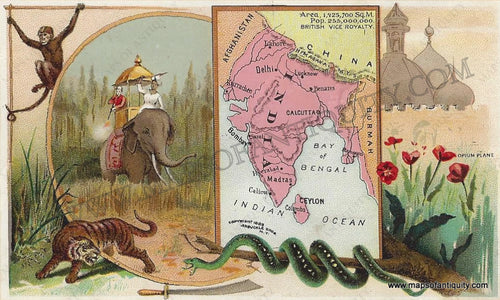 Antique-Chromolithograph-Map-India-1890-Arbuckle-1800s-19th-century-Maps-of-Antiquity