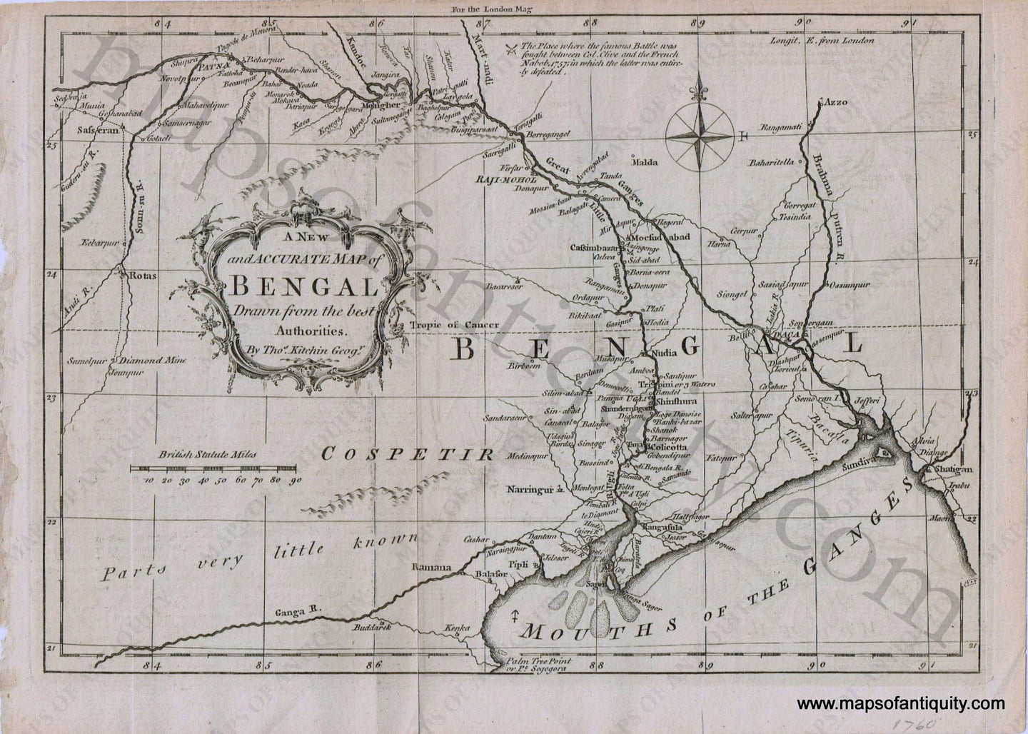 Antique-Map-Asia-A-New-and-Accurate-Map-of-Bengal-Drawn-from-the-Best-Authorities.-1760-Kitchin/London-Magazine-Indian-Subcontinent-1700s-18th-century-Maps-of-Antiquity