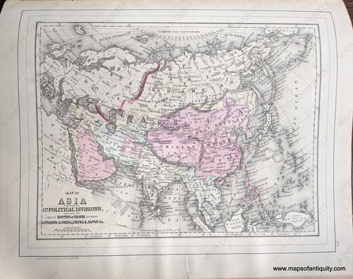 Antique-Hand-Colored-Map-Double-sided-map:-Map-of-Asia-showing-its-Political-Divisions-and-also-the-Various--Routes-of-Travel-between-London-&-India-China-&-Japan;-verso:-Map-of-Persia-Arabia-Turkey-in-Asia-Afghanistan-Beloochistan-Asia--1884-Mitchell-Maps-Of-Antiquity-1800s-19th-century