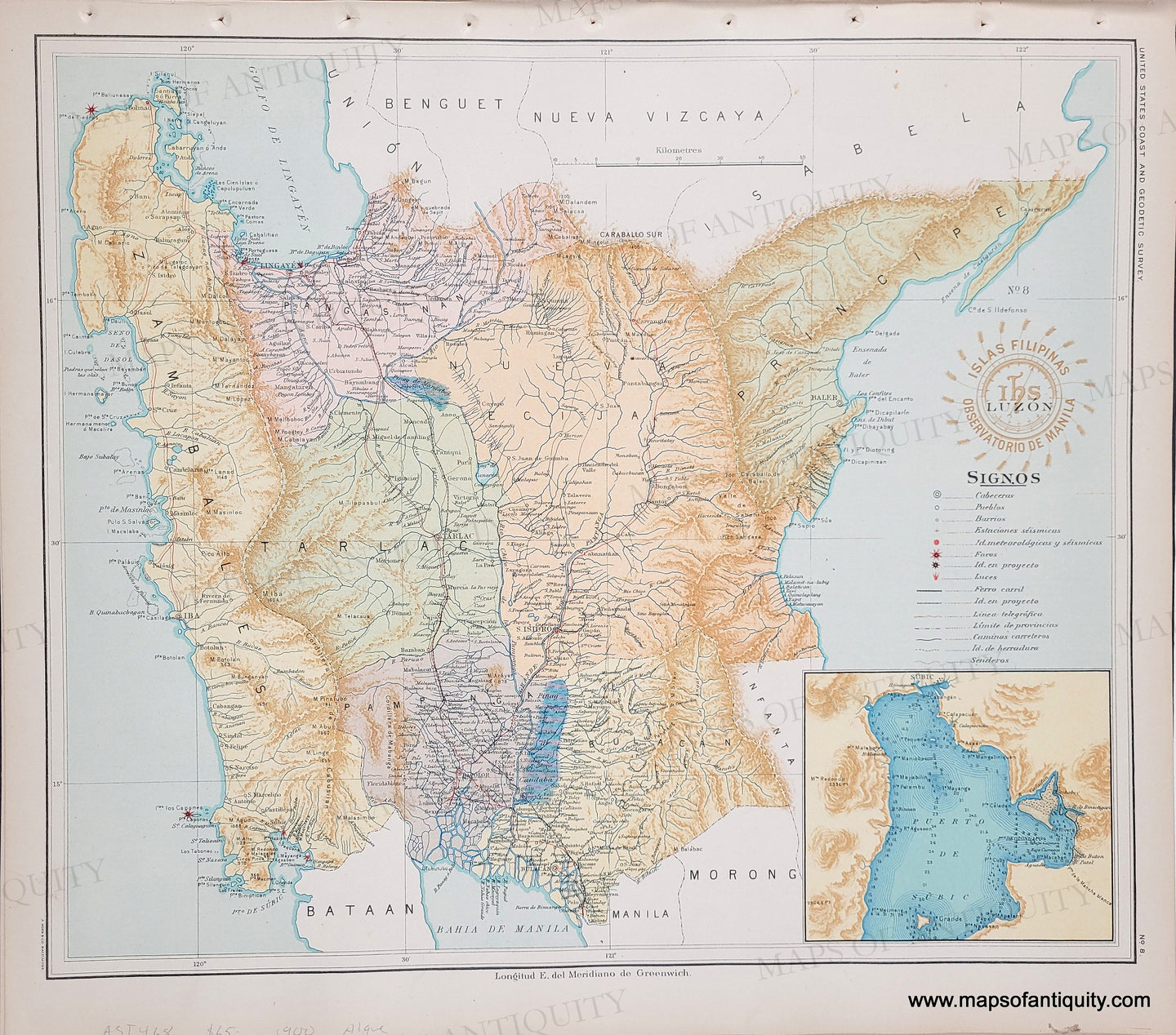 Antique map of part of the Philippines, part of the Atlas Filipinas published in 1900 with vibrant original printed color in blue for the water, yellow, green, orange, brown, red for the land.