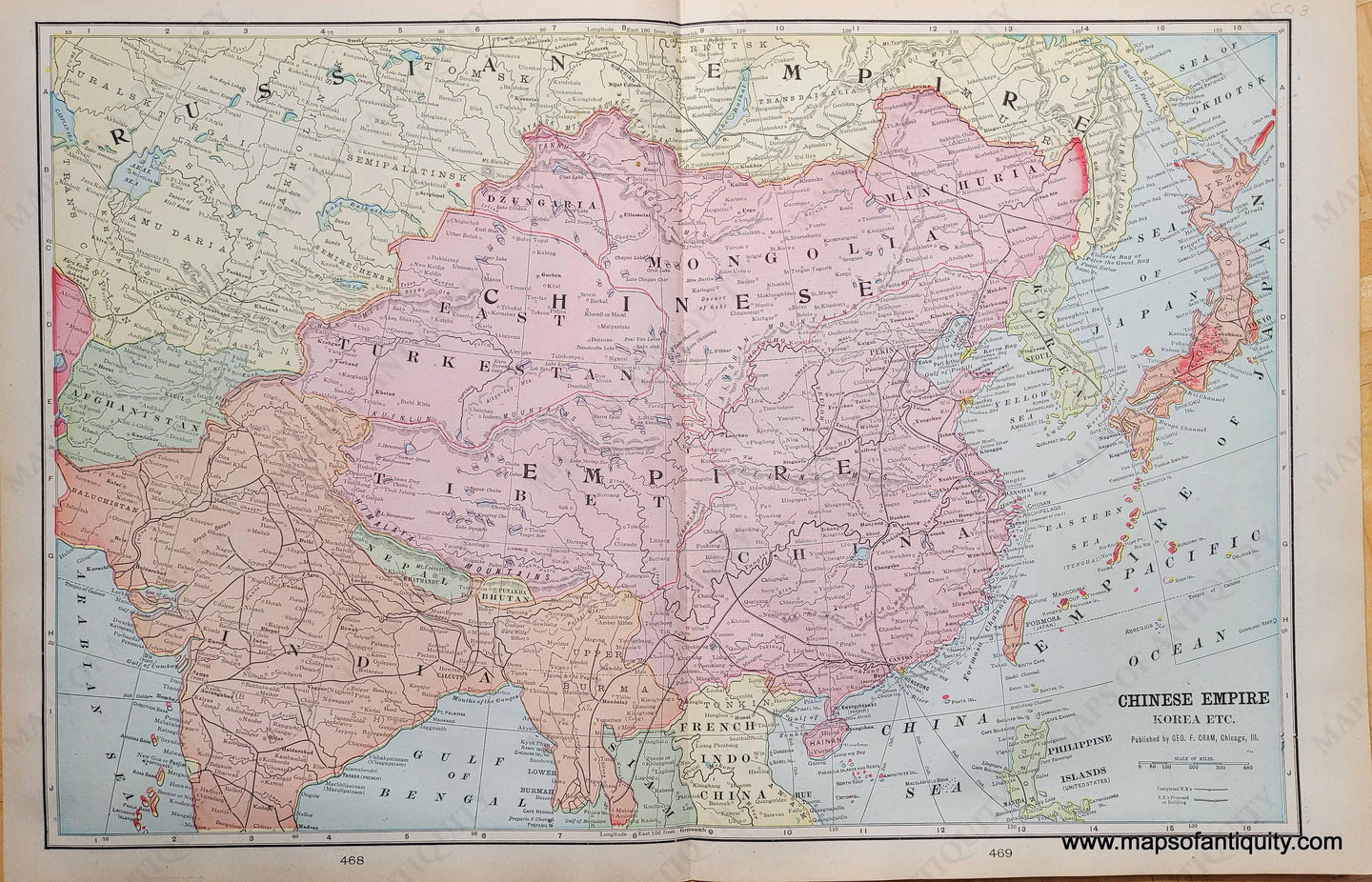 Genuine-Antique-Map-Chinese-Empire-Korea-etc--1903-Cram-Maps-Of-Antiquity