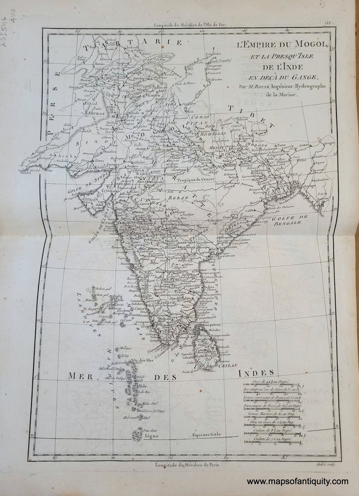 Genuine-Antique-Map-India---LEmpire-du-Mogol-et-la-PresquIsle-de-lInde-en-deca-du-Gange-1788-Bonne-Desmarest-Maps-Of-Antiquity