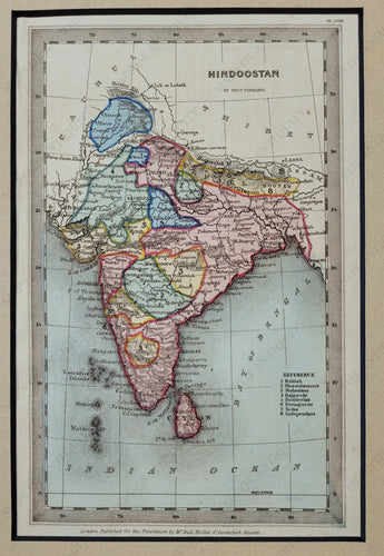 1833 - India Hindoostan Antique Map Genuine