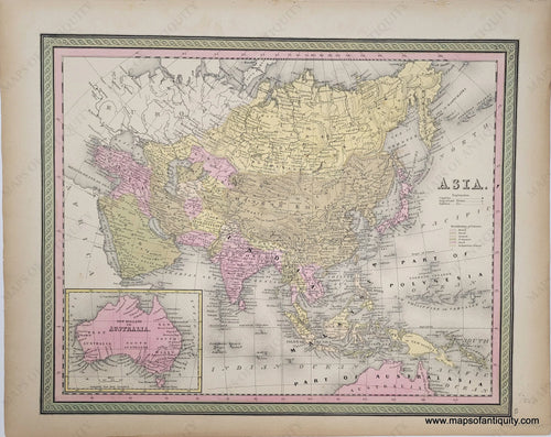 Antique map of the Continent of Asia from the Arabian Peninsula to Polynesia. Original hand-coloring in tones of yellow, green, and pink.