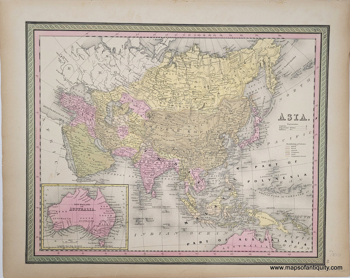 Antique map of the Continent of Asia from the Arabian Peninsula to Polynesia. Original hand-coloring in tones of yellow, green, and pink.