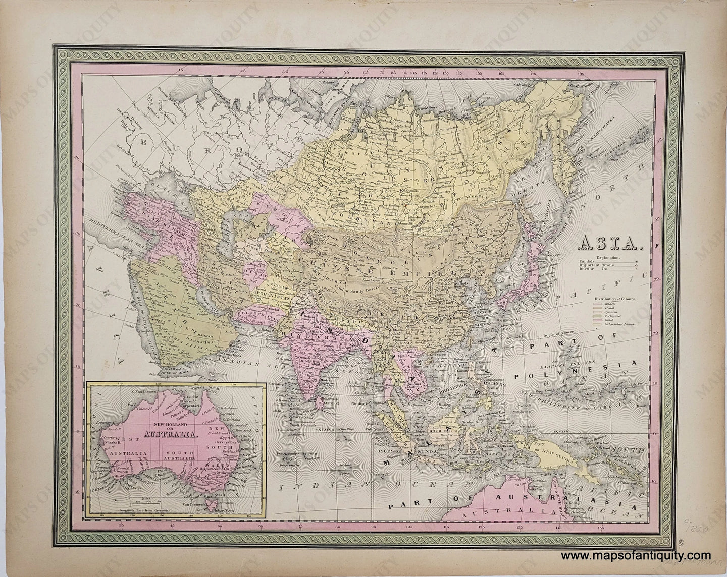 Antique map of the Continent of Asia from the Arabian Peninsula to Polynesia. Original hand-coloring in tones of yellow, green, and pink.