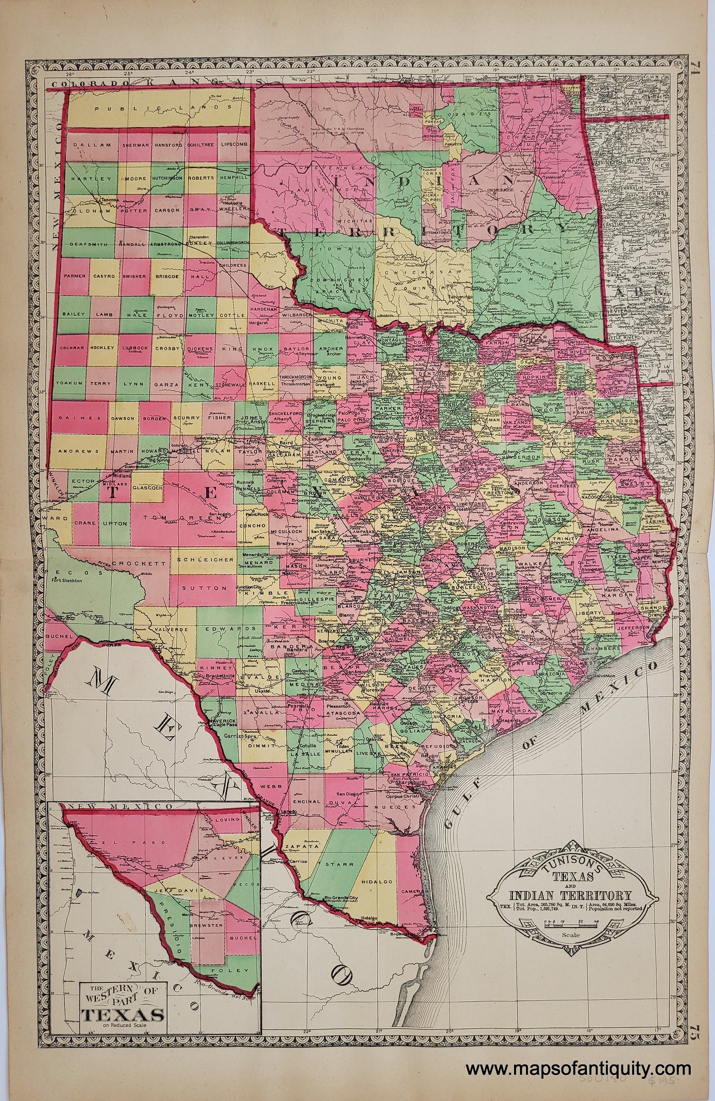 1887 - Tunison's Texas & Indian Territory - Antique Map