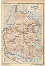 Load image into Gallery viewer, antique map of Mantua with labeled streets and landmarks. Printed color dark red orange
