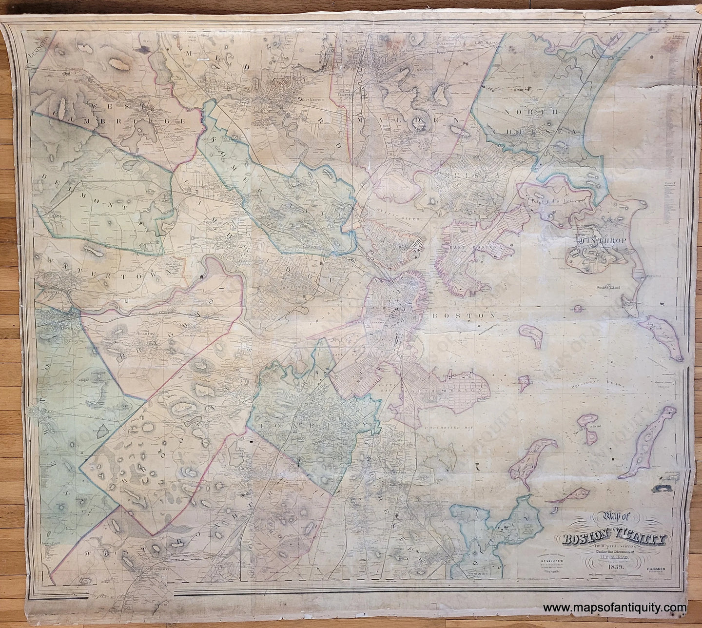 Genuine-Antique-Wall-Map-Map-of-Boston-and-its-Vicinity-1859-Walling-Baker-Maps-Of-Antiquity