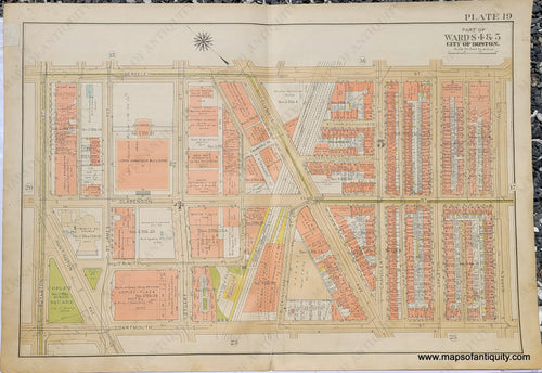 Genuine-Antique-Map-Plate-19-Part-of-Wards-4-5-City-of-Boston-Copley-Square-and-the-John-Hancock-Building--1938-Bromley-Maps-Of-Antiquity