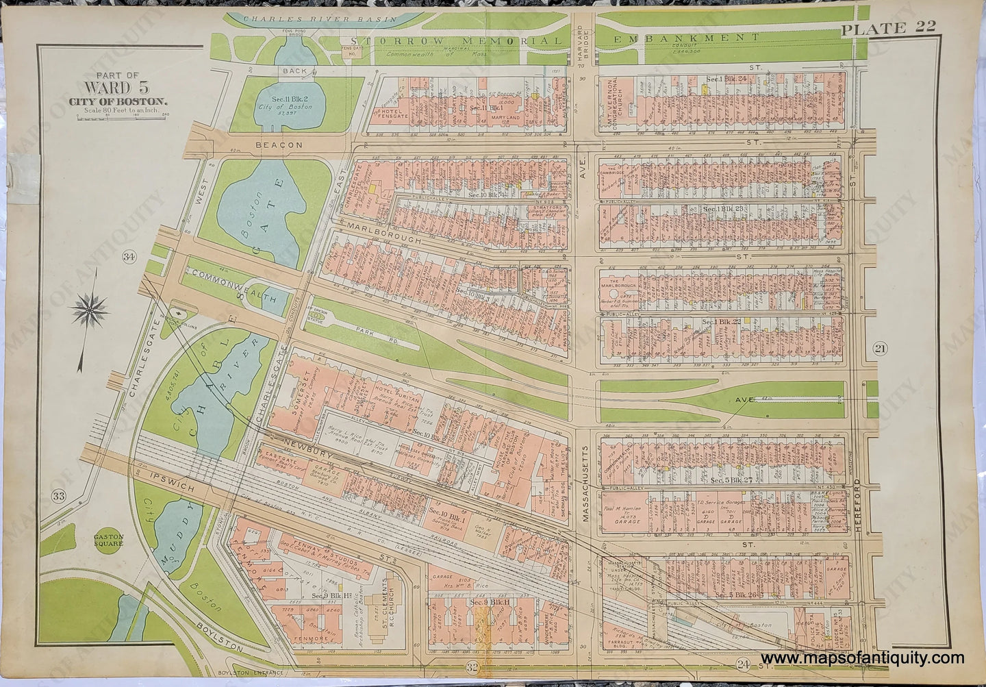 Genuine-Antique-Map-Plate-22-Part-of-Ward-5-City-of-Boston-Charlesgate--1938-Bromley-Maps-Of-Antiquity