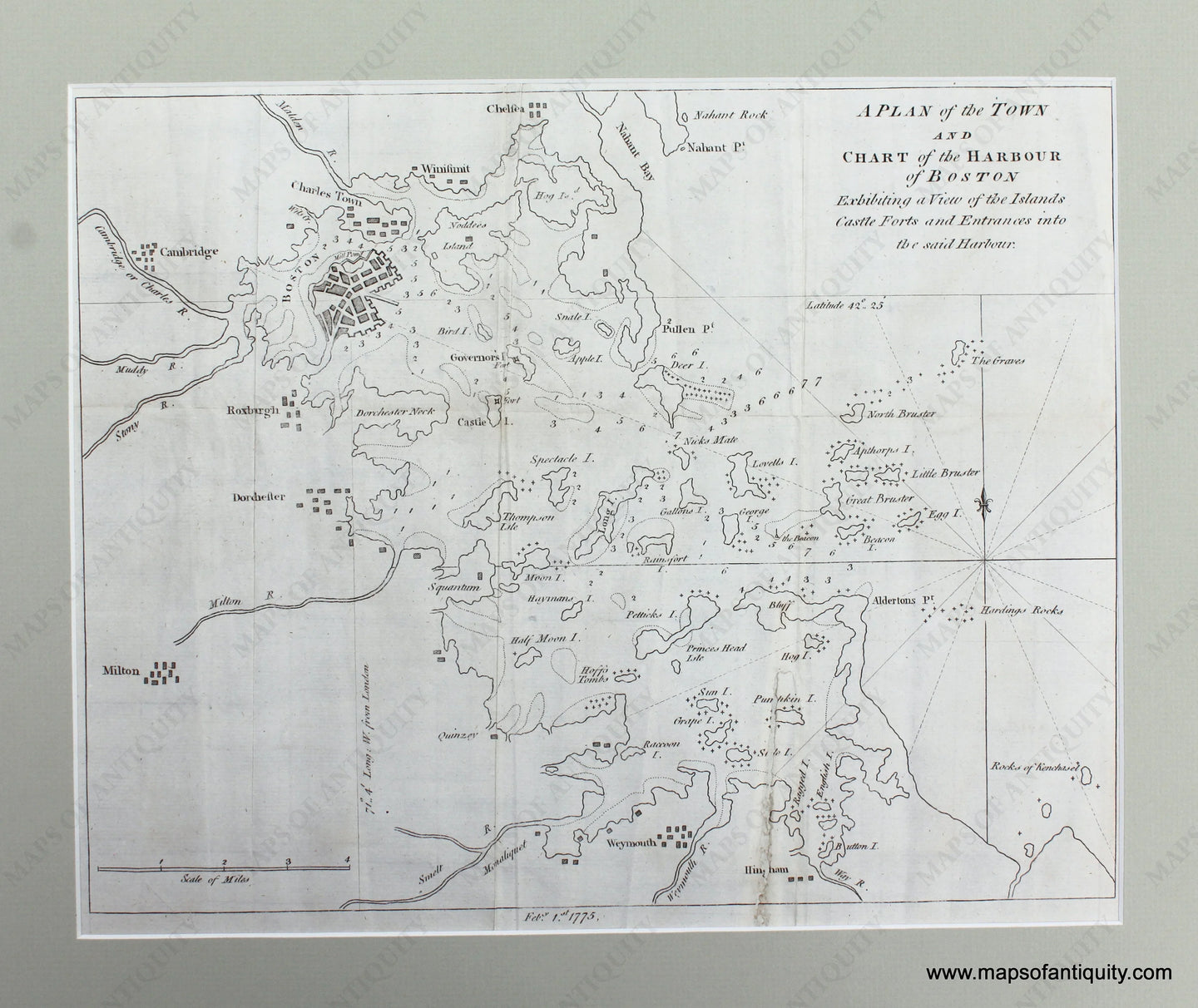 Genuine-Antique-Map-A-Plan-of-the-Town-and-Chart-of-the-Harbour-of-Boston-Exhibiting-a-View-of-the-Islands-Castle-Forts-and-Entrances-into-the-said-Harbour-1775-Gentlemans-Magazine-Maps-Of-Antiquity