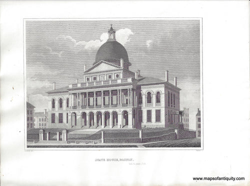 Black and white engraving print showing a view of the front of the State House in Boston with its many windows, columns, and large dome (which is golden but it is uncolored in this print).