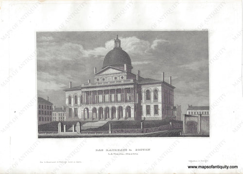 Antique engraved print showing a view of the Boston STate House from the Front. It has a fence and gate, many windows and columns, and large dome on top. The dome is gold and sparkles in the sun in real life, but it is uncolored in this print.