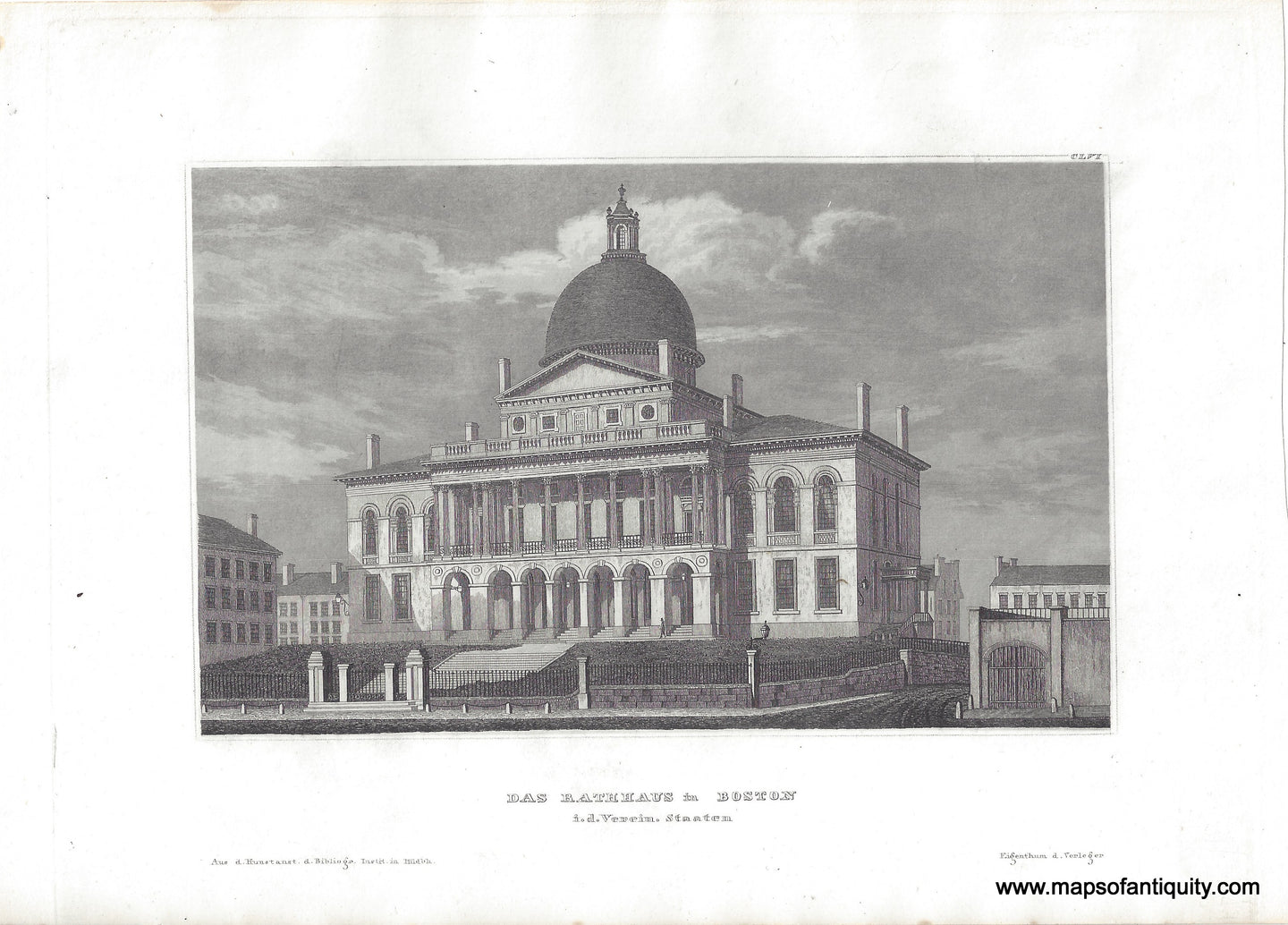 Antique engraved print showing a view of the Boston STate House from the Front. It has a fence and gate, many windows and columns, and large dome on top. The dome is gold and sparkles in the sun in real life, but it is uncolored in this print.