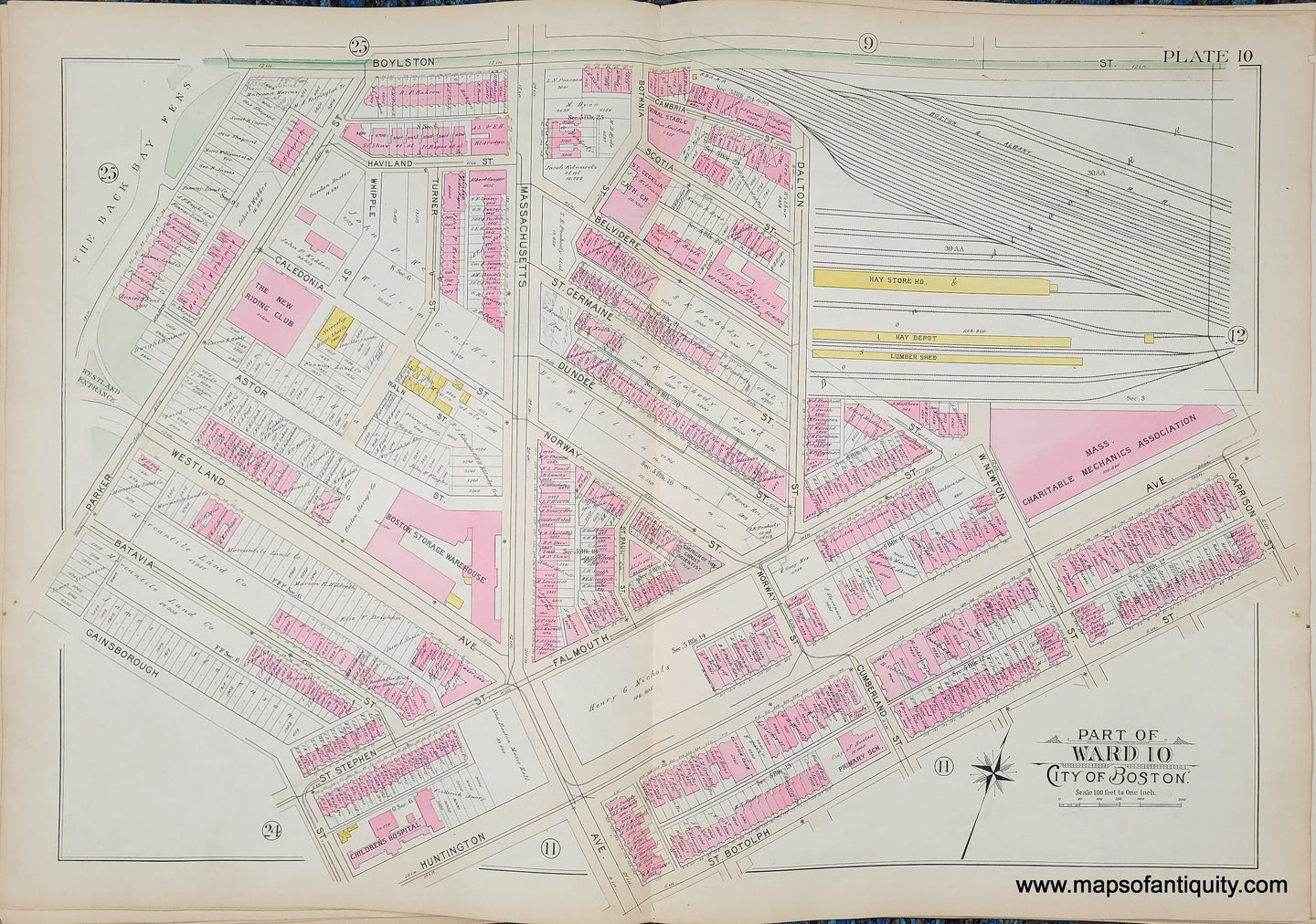 Genuine-Antique-Map-Plate-10-Part-of-Ward-10-City-of-Boston-1895-Bromley-Maps-Of-Antiquity