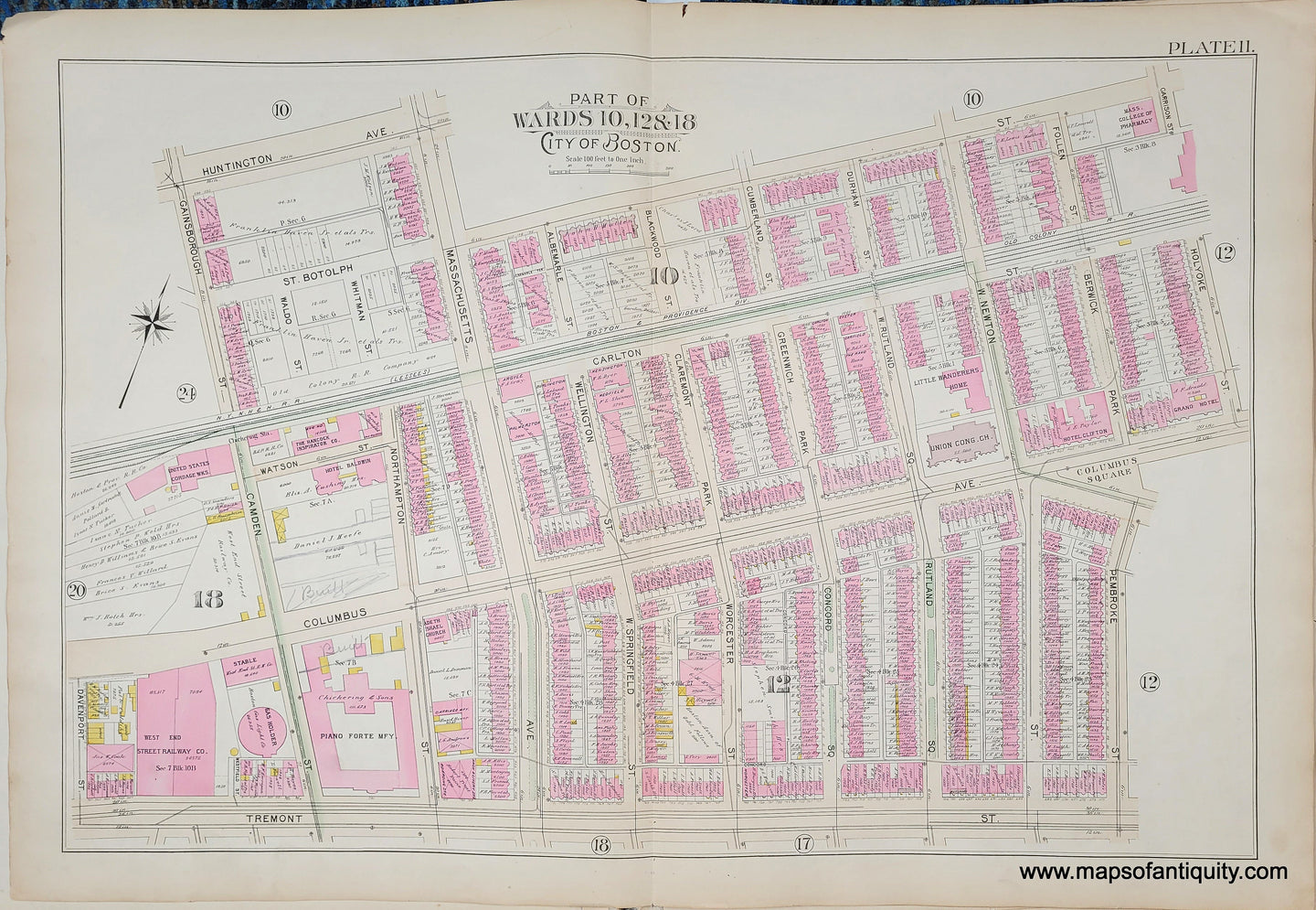 Genuine-Antique-Map-Plate-11-Part-of-Wards-10-12--18-City-of-Boston-1895-Bromley-Maps-Of-Antiquity