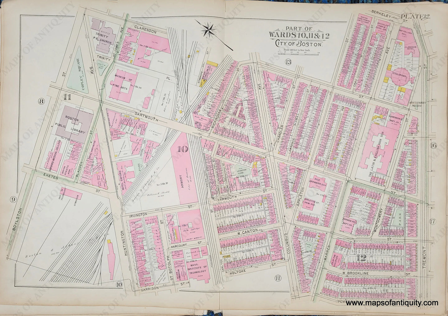 Genuine-Antique-Map-Plate-12-Part-of-Wards-10-11--12-City-of-Boston-1895-Bromley-Maps-Of-Antiquity