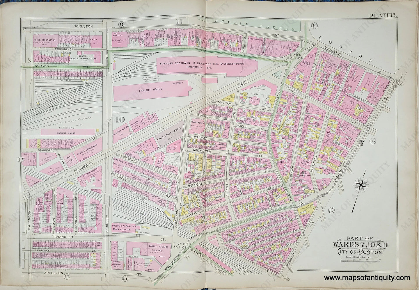 Genuine-Antique-Map-Plate-13-Part-of-Wards-7-10--11-City-of-Boston-1895-Bromley-Maps-Of-Antiquity