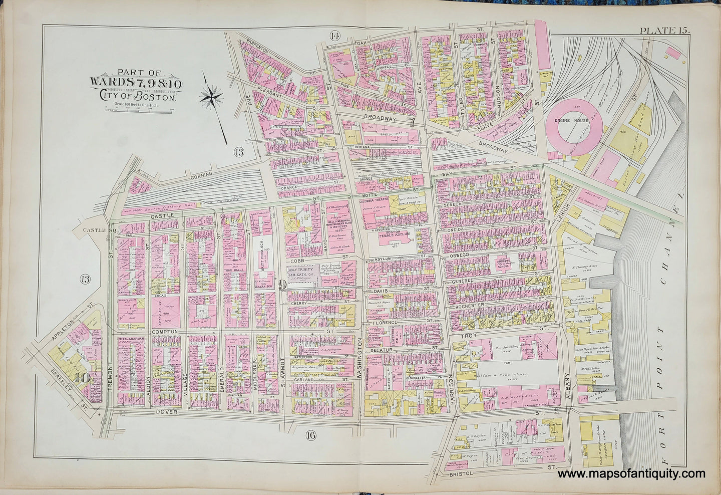 Genuine-Antique-Map-Plate-15-Part-of-Wards-7-9--10-City-of-Boston-1895-Bromley-Maps-Of-Antiquity