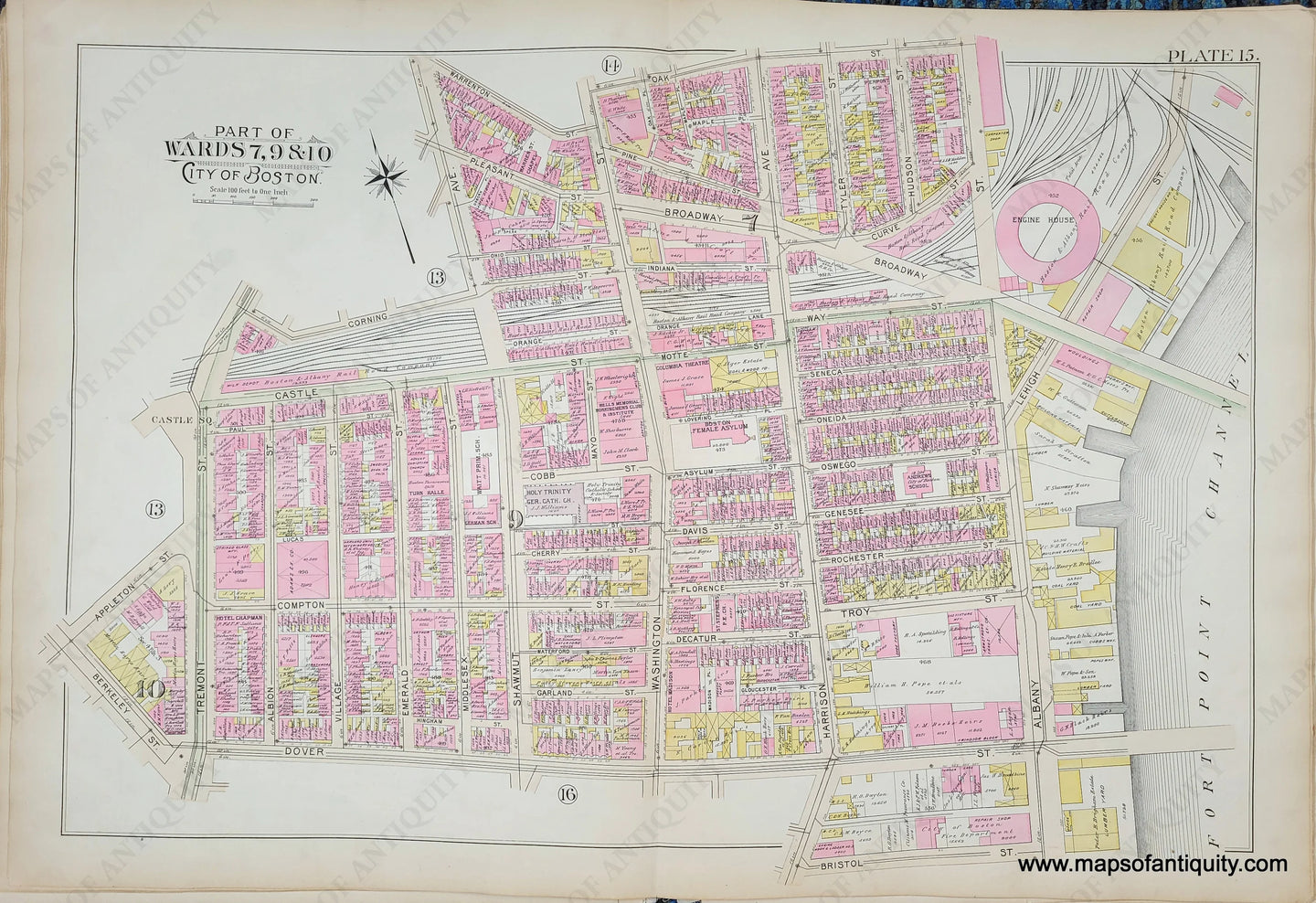 Genuine-Antique-Map-Plate-15-Part-of-Wards-7-9--10-City-of-Boston-1895-Bromley-Maps-Of-Antiquity