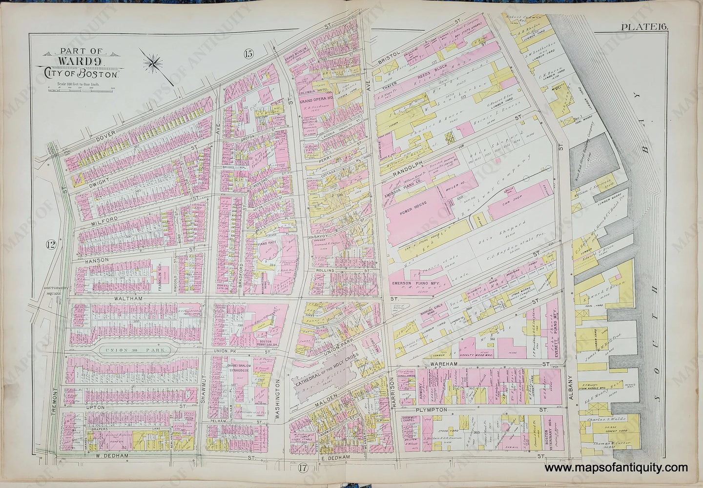 Genuine-Antique-Map-Plate-16-Part-of-Ward-9-City-of-Boston-1895-Bromley-Maps-Of-Antiquity