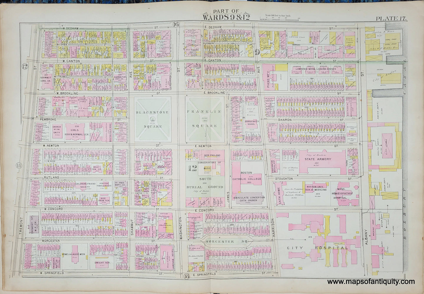 Genuine-Antique-Map-Plate-17-Part-of-Wards-9-12-City-of-Boston-1895-Bromley-Maps-Of-Antiquity