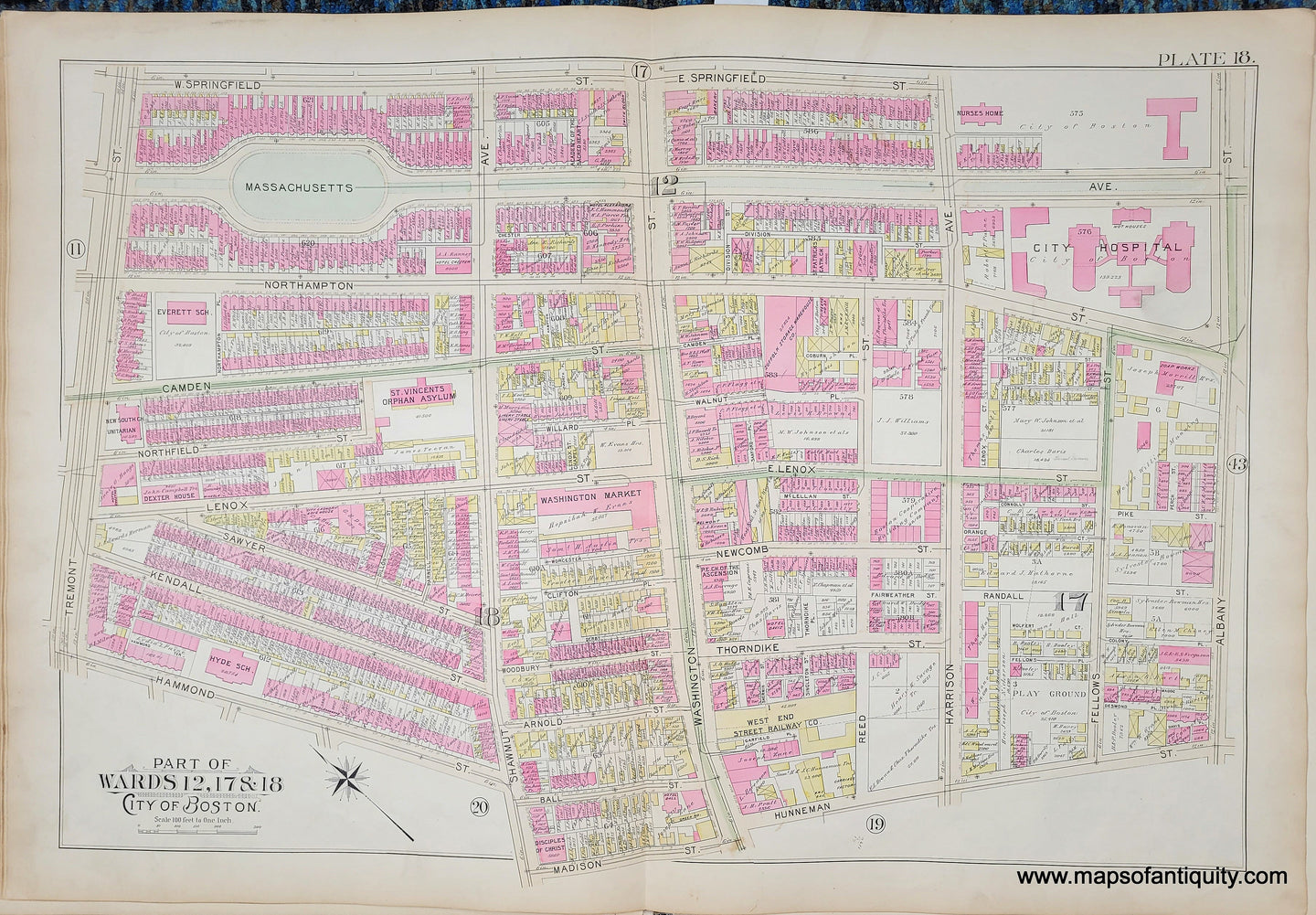 Genuine-Antique-Map-Plate-18-Part-of-Wards-12-17--18-City-of-Boston-1895-Bromley-Maps-Of-Antiquity