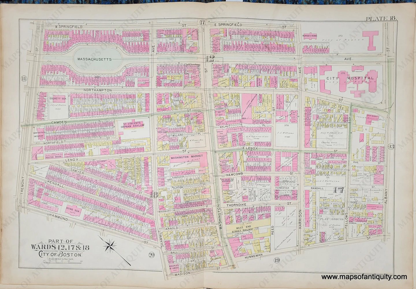 Genuine-Antique-Map-Plate-18-Part-of-Wards-12-17--18-City-of-Boston-1895-Bromley-Maps-Of-Antiquity