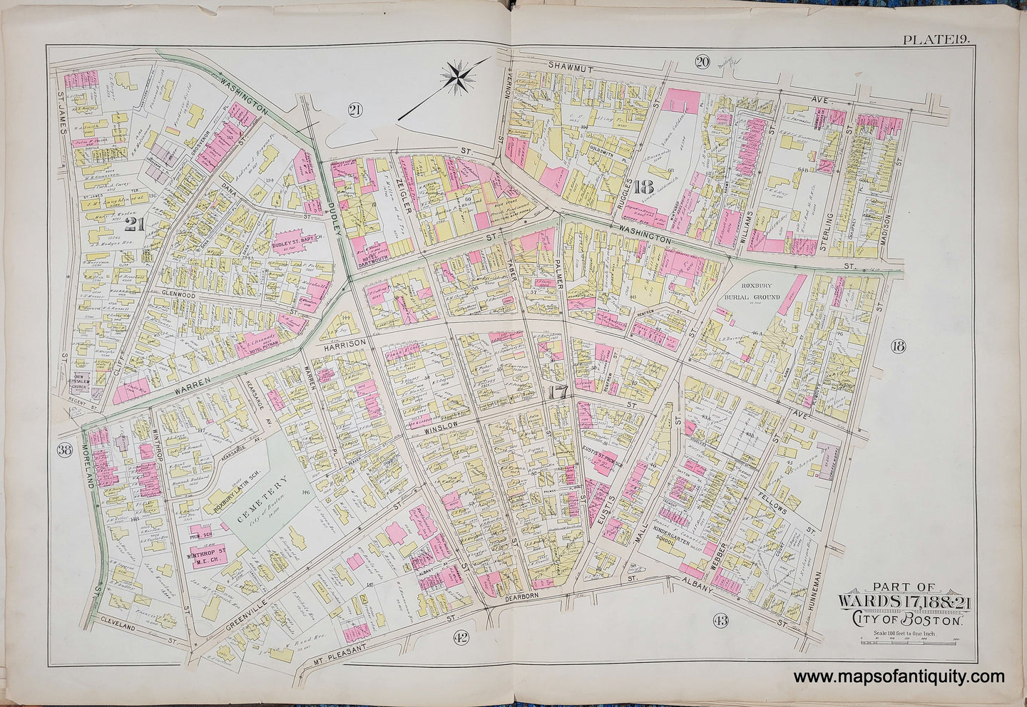 Genuine-Antique-Map-Plate-19-Part-of-Wards-17-18--21-City-of-Boston-1895-Bromley-Maps-Of-Antiquity