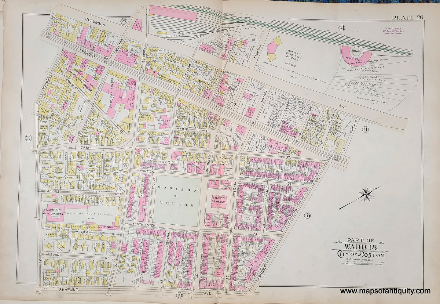 Genuine-Antique-Map-Plate-20-Part-of-Ward-18-City-of-Boston-1895-Bromley-Maps-Of-Antiquity