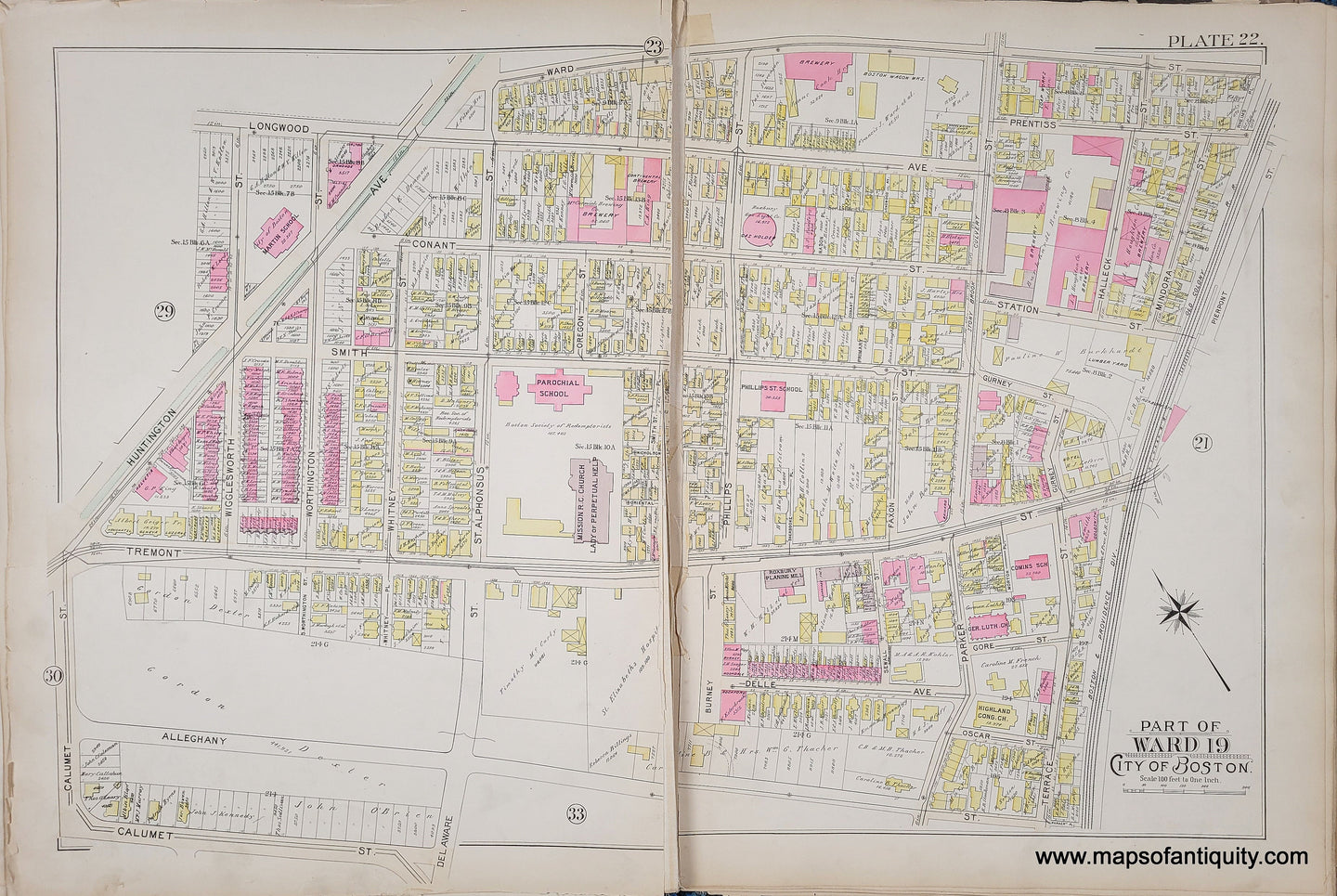 Genuine-Antique-Map-Plate-22-Part-of-Ward-19-City-of-Boston-1895-Bromley-Maps-Of-Antiquity