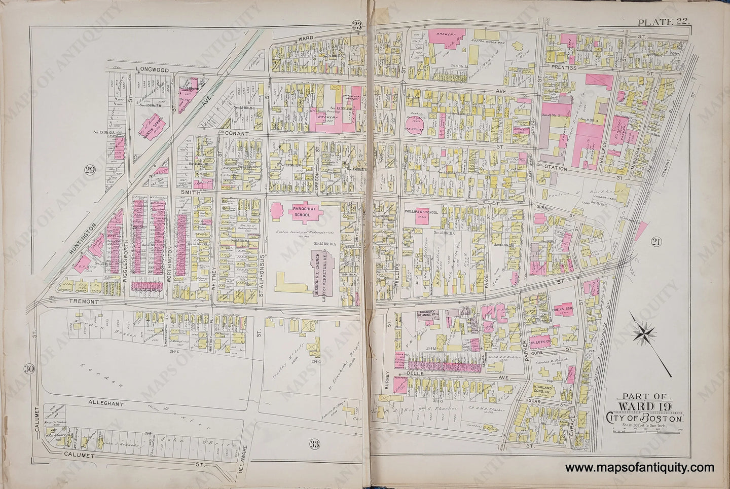 Genuine-Antique-Map-Plate-22-Part-of-Ward-19-City-of-Boston-1895-Bromley-Maps-Of-Antiquity