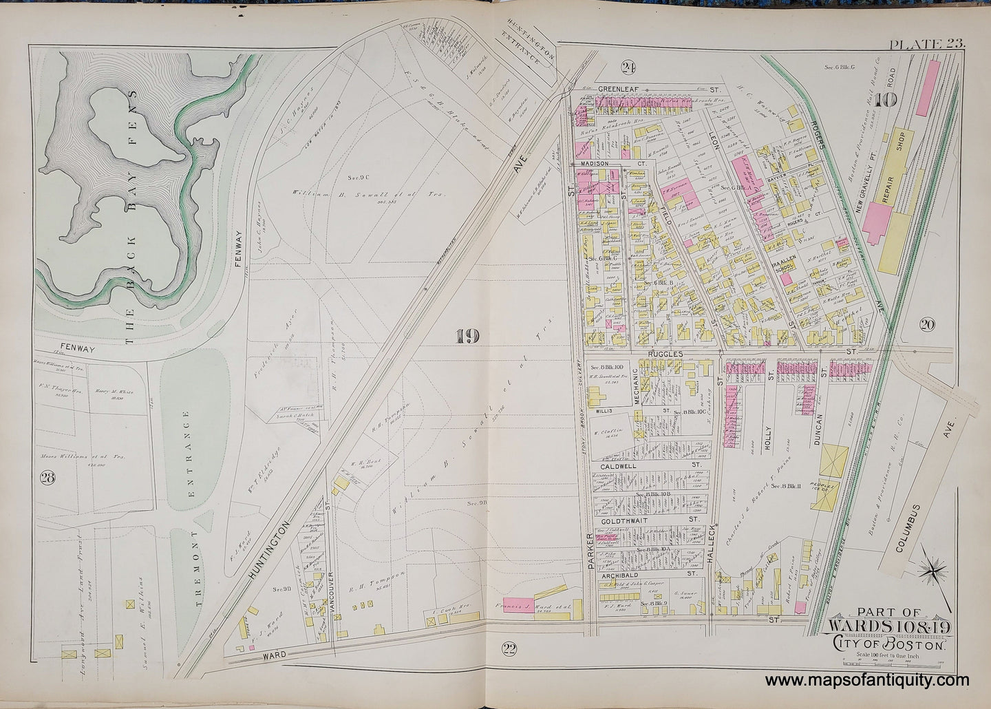 Genuine-Antique-Map-Plate-23-Part-of-Wards-10-19-City-of-Boston-1895-Bromley-Maps-Of-Antiquity