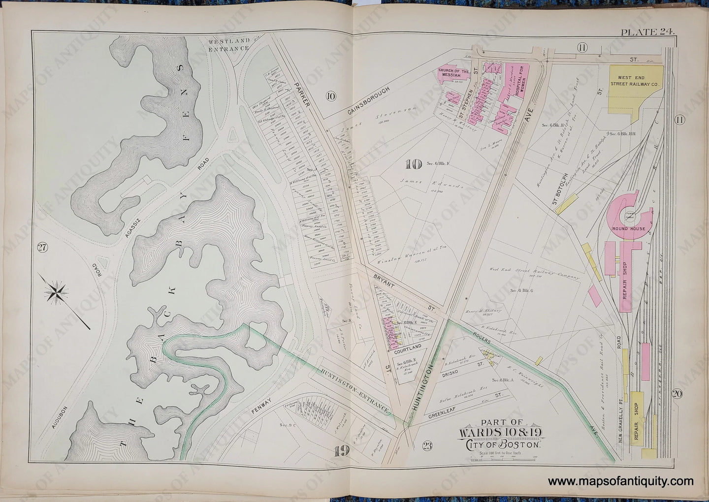 Genuine-Antique-Map-Plate-24-Part-of-Wards-10-19-City-of-Boston-1895-Bromley-Maps-Of-Antiquity