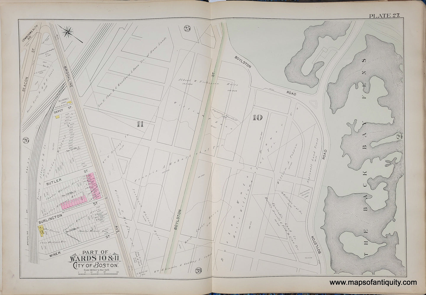 Genuine-Antique-Map-Plate-27-Part-of-Wards-10-11-City-of-Boston-1895-Bromley-Maps-Of-Antiquity